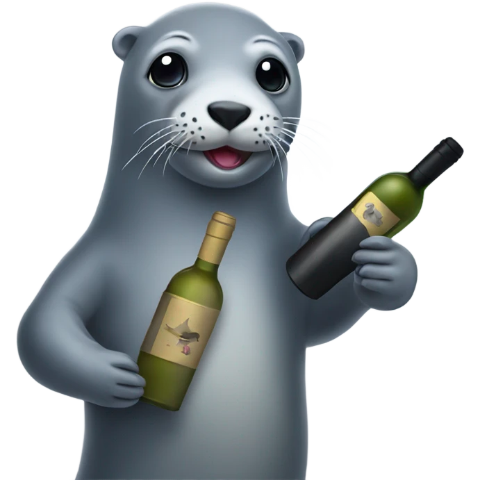 Grey seal holding a bottle of wine emoji