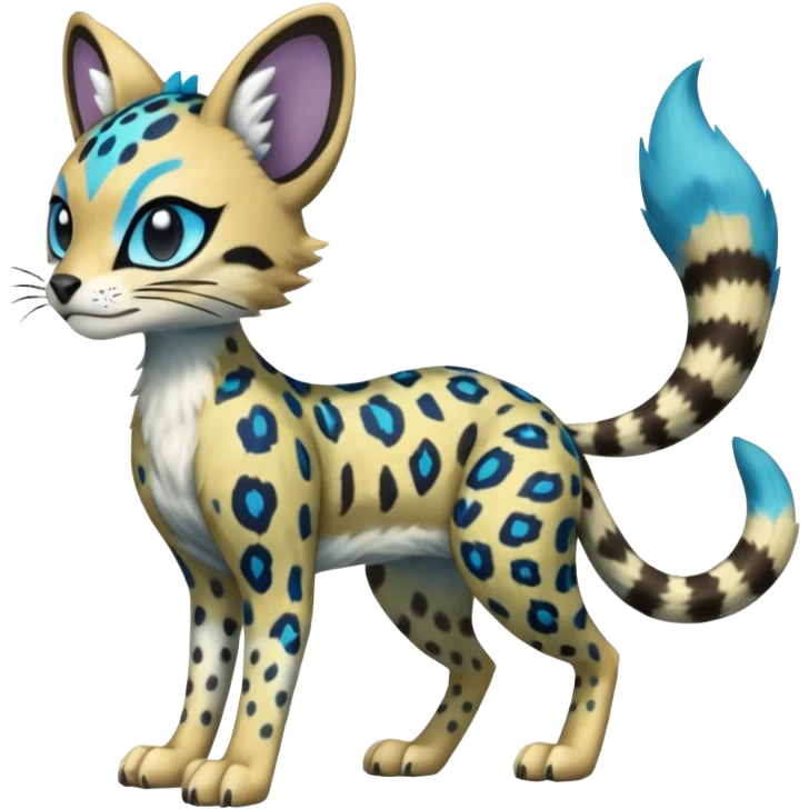 Colorful Meloetta-Sergal-Serval-Civet-Genet-Pokémon-Digimon-Fakémon-fusion-hybrid-creature with Cyan stripes and blue leopard-spot-markings  emoji