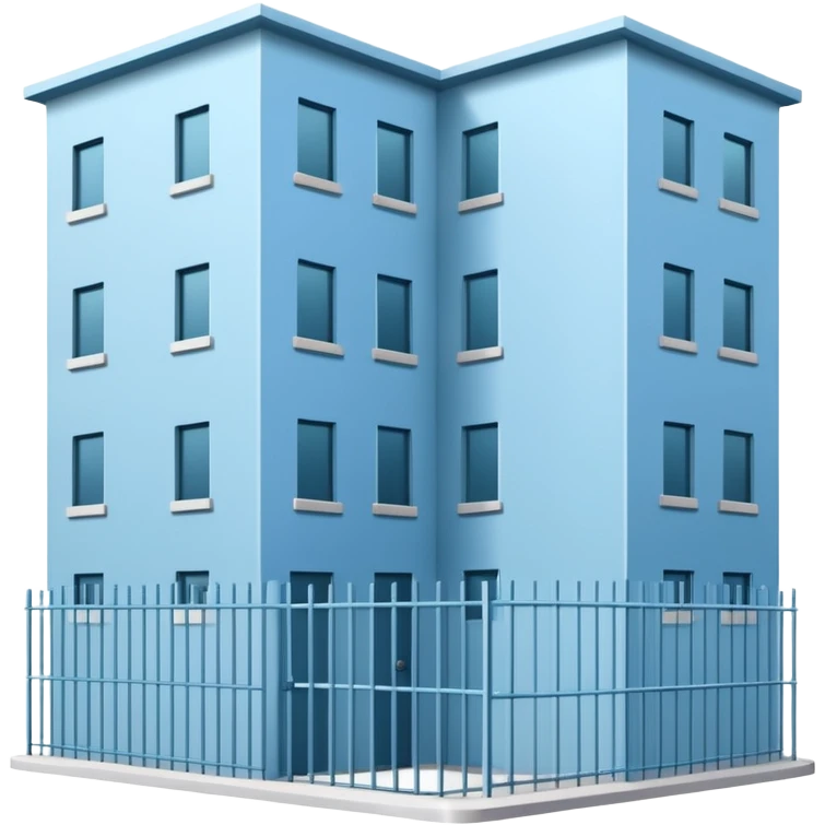 light blue rectangular 9-story apartment building surrounded by fence, closed courtyard, minimal flat vector icon, friendly clean design emoji