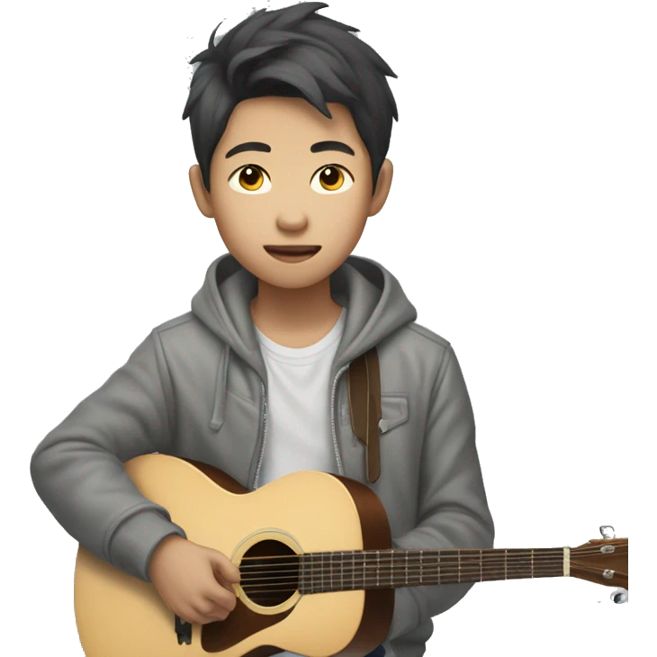 korean boy in unbuttoned grey hoodie jacket playing guitar  emoji