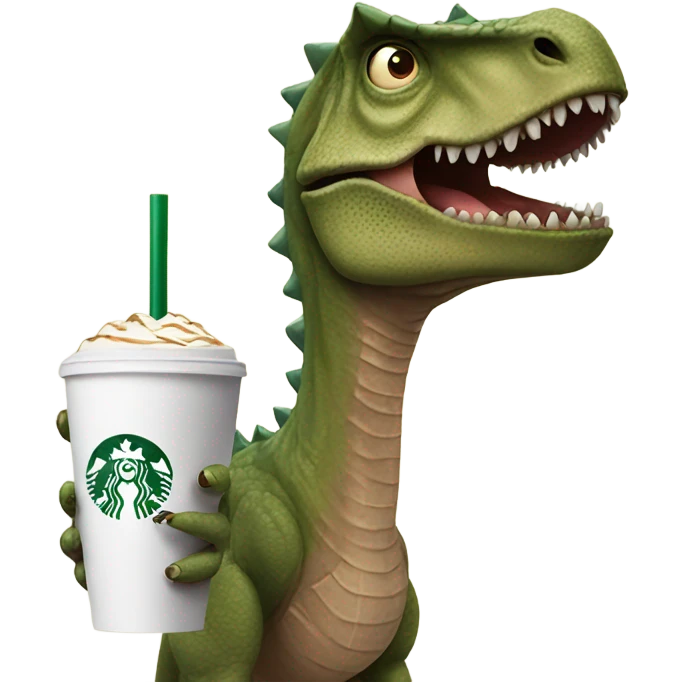 Dinosaur holding starbucks coffee with long nail and lashes emoji