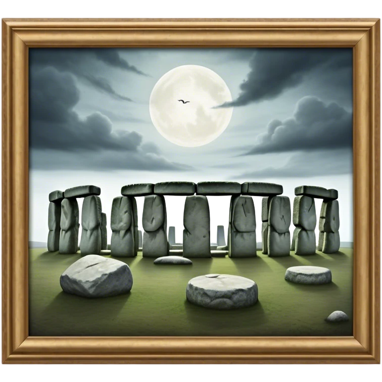 Cinematic Realistic Stonehenge Landscape Emoji, depicted with ancient, mysterious stone circles set against a moody sky, rendered with atmospheric lighting and detailed textures that evoke its prehistoric allure. emoji