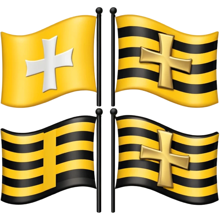 Flags: There are four flags, two on the top and two on the bottom, in the black and gold (yellow) quarters. Each flag features a gold cross symbol, likely a Coptic cross, on a black and yellow background with horizontal stripes. emoji