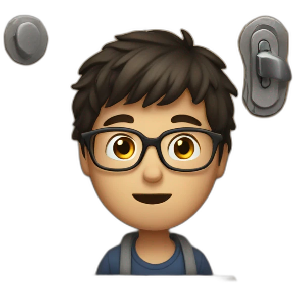 young dark-haired man with glasses struggling to lock a wooden door emoji