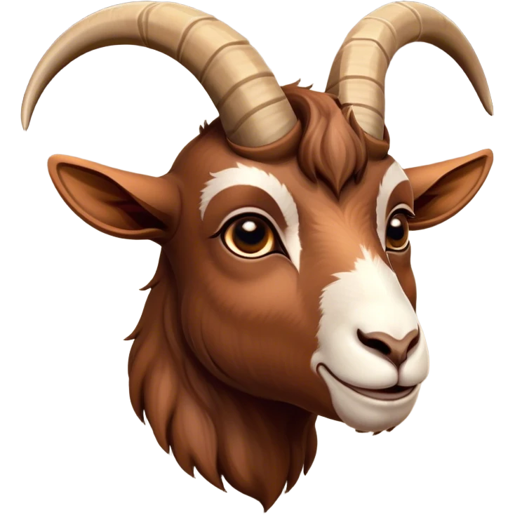 Cinematic Noble Brown Goat Portrait Emoji, Poised and regal, with a sturdy, agile build and a smooth, well-groomed rich brown fur accented by gracefully curved horns, deep-set soulful dark eyes, Simplified yet sharp and sophisticated features, highly detailed, glowing with a warm, dignified glow, high shine, intelligent and spirited, stylized with an air of rustic elegance, focused and attentive, soft glowing outline, capturing the essence of a watchful and confident goat, so majestic it feels as though it could leap out of the screen with effortless authority! emoji