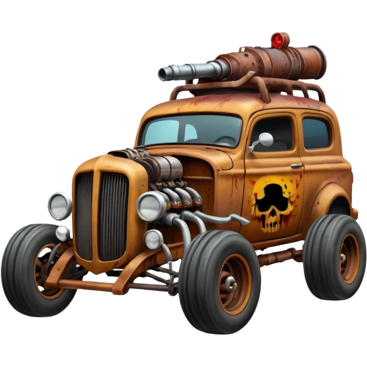 A mad max style hot rod in a zombie apocalypse, driving to the left. In the style of your bleeding skull art emoji