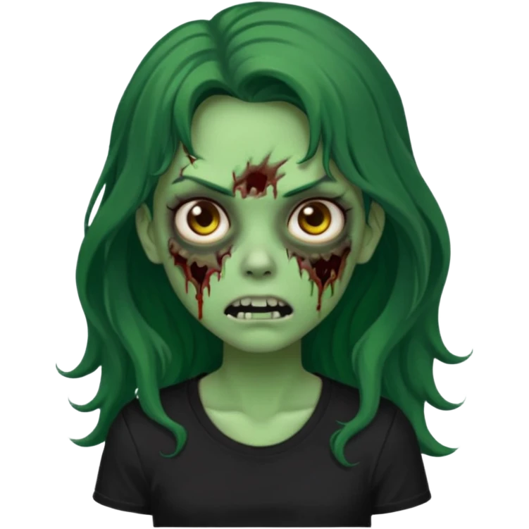 crie um emoji de uma garota zoombie pele verde e cabelo castanho e longo , assustadora e fofa com cabelo ondulado 2b e camiseta básica preta emoji