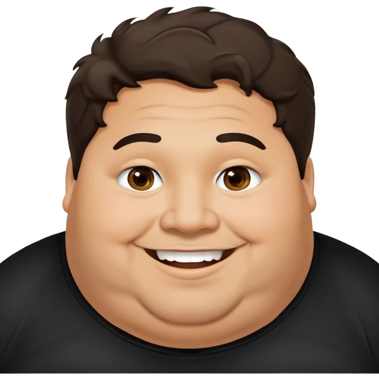 Hombre obeso latino piel canela, cara redonda-ancha, scruff sin barba completa, cejas gruesas, pelo oscuro ondulado flat largo hasta el cuello. Sonrisa amplia, expresión alegre. Camisa negra. Size large.  emoji