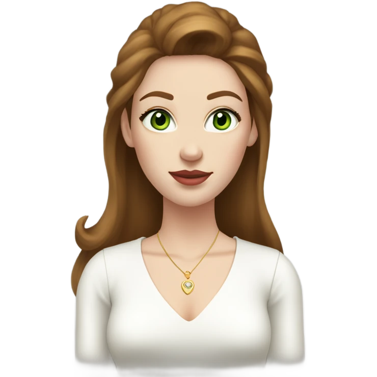 woman, with chestnut brown hair, her hair are a 90s blowout, she has very green eyes and a white pale skin, she has pink lipstick on and long lashes, she wears a white top with gold earrings  emoji