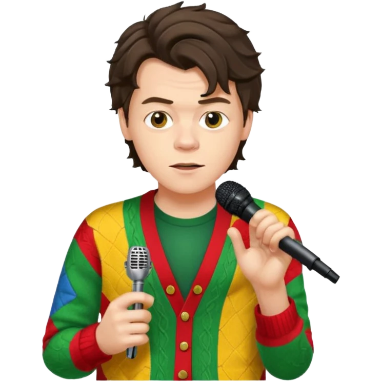 harry styles with a mic, he is wearing a patchwork colorful (red, yellow,green) cardigan emoji