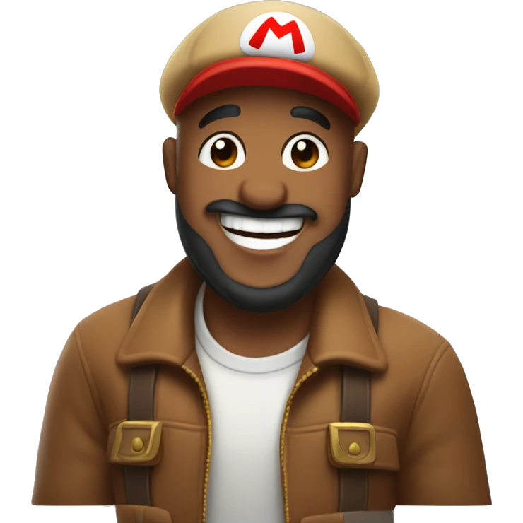 Brown skinned bald man wearing a Super Mario style hat with beard laughing  emoji