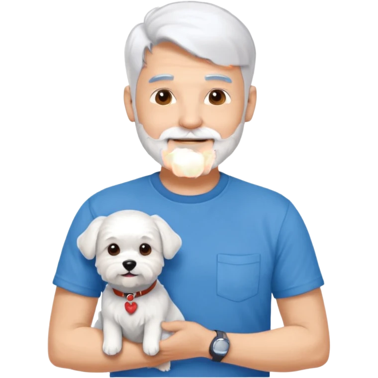 handsome gentleman, 60 years old, silver hair in crew cut style, full beard, wearing a blue t-shirt, smiling and holding a maltese dog emoji