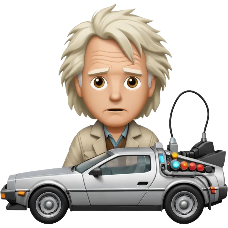 Doc Brown from Back to the Future, driving the DeLorean, windblown hair, determined look emoji