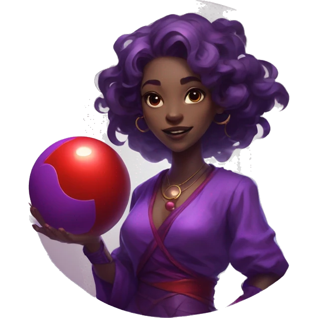 a woman in a purple outfit holding a red ball in her hand and a purple background with circles around her, Epsylon Point, auto-destructive art, league of legends concept art, concept art emoji