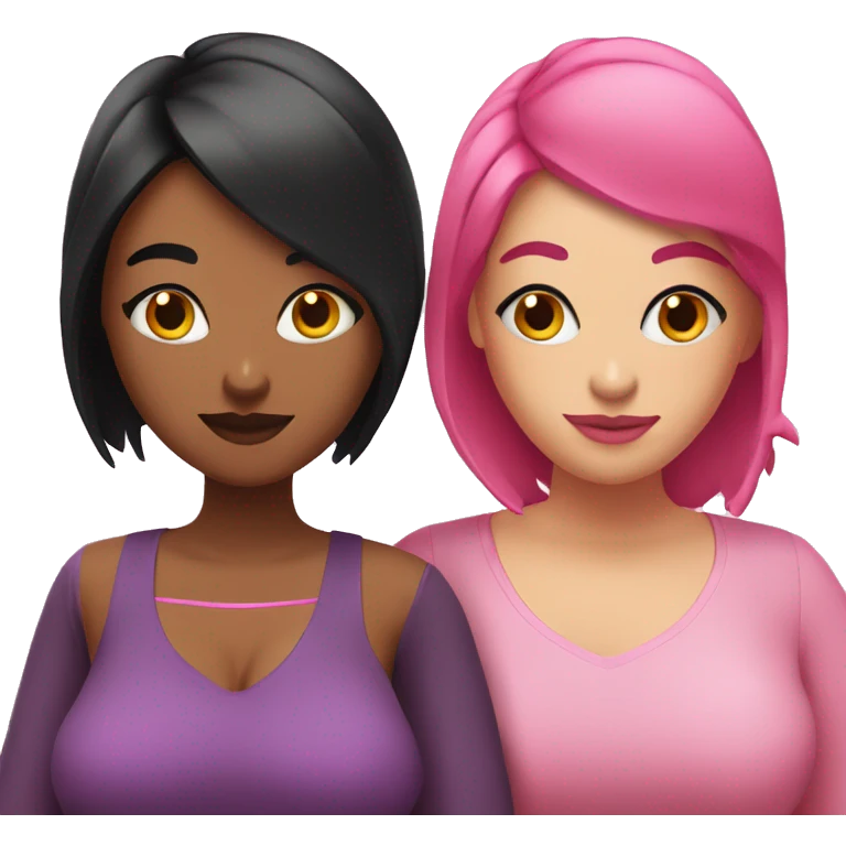 two plus size women, hearts around them, one with black hair, one with pink hair  emoji