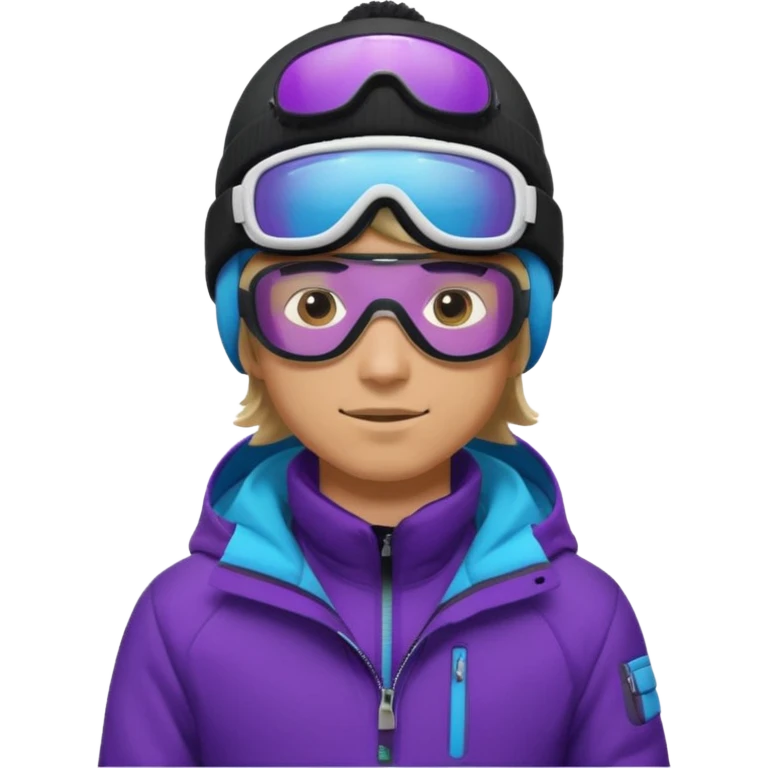 male Pro Snowboarder with white beanie, ONE pair of purple and blue frameless goggles and a black jacket emoji