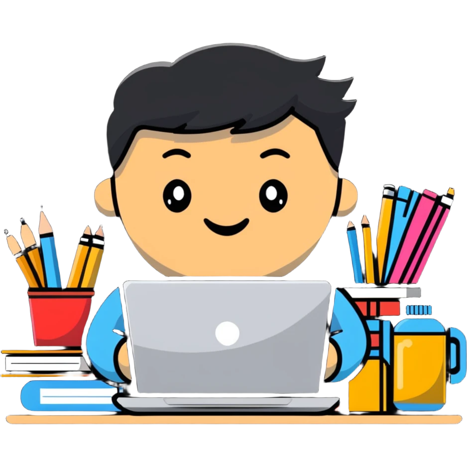 cheerful student with laptop and study supplies emoji