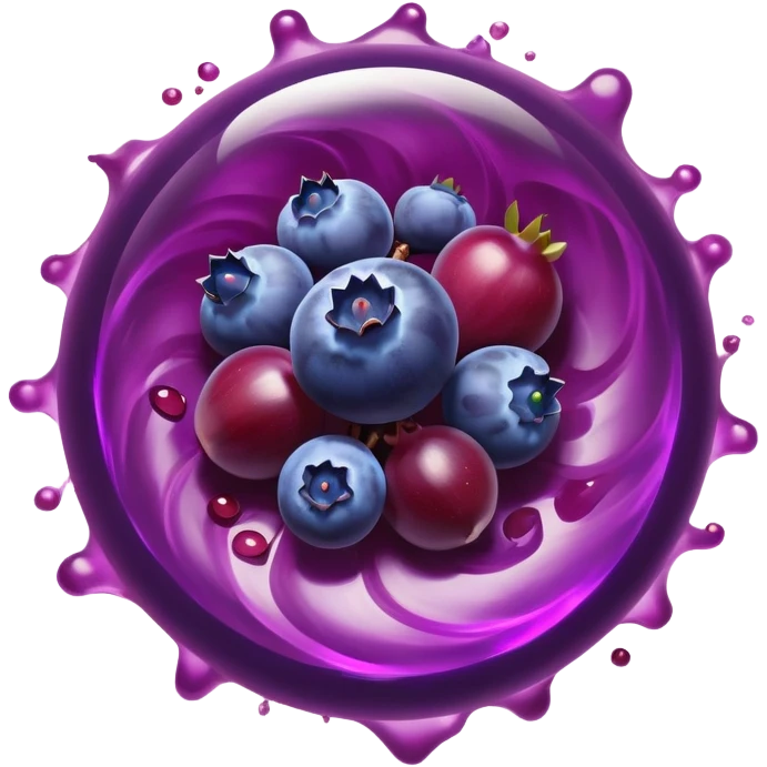 Blueberries, pomegranate, purple grapes, and dark chocolate floating in a bright purple vortex. A glowing shield surrounds cells, dissolving dark shadow particles representing free radicals. The protective light extends throughout the body, showing antioxidants' protective effects. emoji