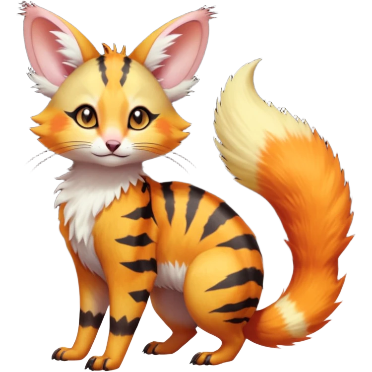 Neon-orange-yellow-red-brown-gradients divine beautiful elegant pretty precious cute young youthful  Fakémon-Pokémon-alien-opossum-feline-serval-caracal-chinchilla-Minccino-hybrid-creature with a big fluffy bushy striped tail (full body) emoji