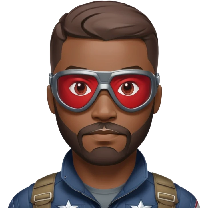 sam wilson with a very short hair close to the scalp and  a well-groomed beard that connects to his mustache,  wear sleek, red-tinted tactical goggles fit snugly from captain america: civil war emoji