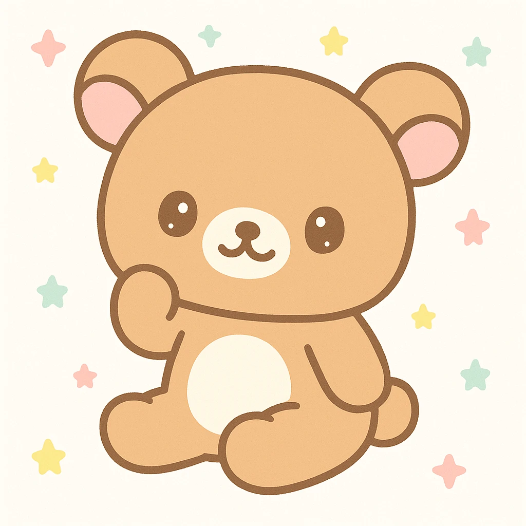 rillakuma, cute bear character, soft brown fur, relaxed pose, kawaii style emoji
