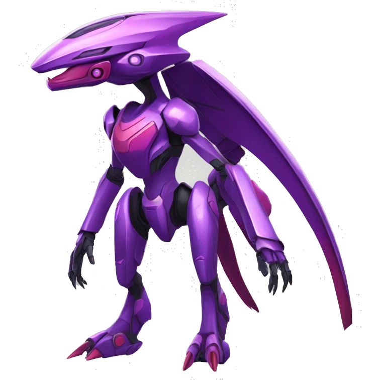 a shiny purple-red Genesect-Raptor-Fakémon—hybrid with a futuristic visor-helmet full body emoji