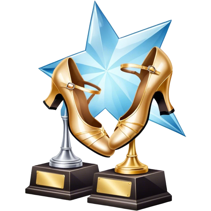 Icon for Ballroom Dancing: a pair of ballroom shoes, a dance floor with lighting, and a decorative dance trophy. The icon should represent the elegance and rhythm of ballroom dance through its key symbols. Transparent background. emoji