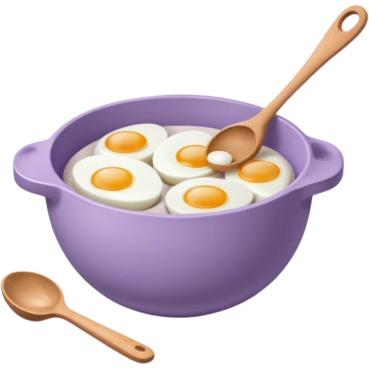 a lilac ceramic mixing bowl with a wooden spoon stirring and sitting next to it is a dozen eggs with the carton lid open emoji