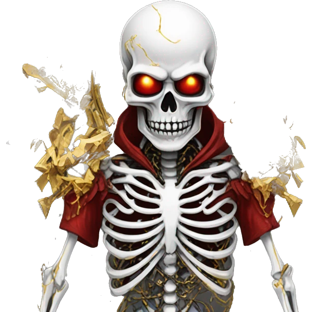 White skeleton zombie person covered in golden chains and black graffiti scribbles and red and silver doodles wings made of lightning snowing snowflakes emoji