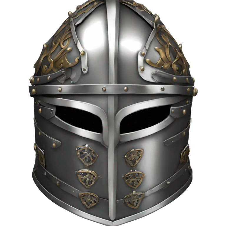 elaborate full-face closed armet medieval helmet armor intricate chrome inlays emoji