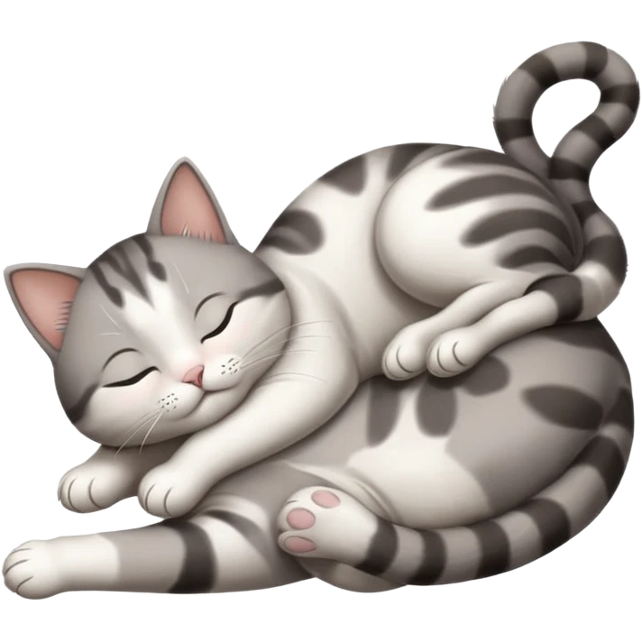 grey and white small cat with eyes closed lying down upside down with paws stretched out straight vertically  emoji