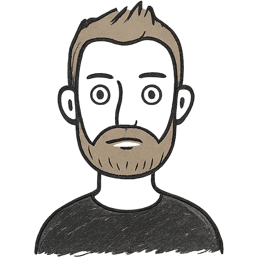 man with short light brown hair styled upward, beard and mustache, fair skin, large blue eyes, neutral facial expression, wearing black shirt, clean illustrative style emoji