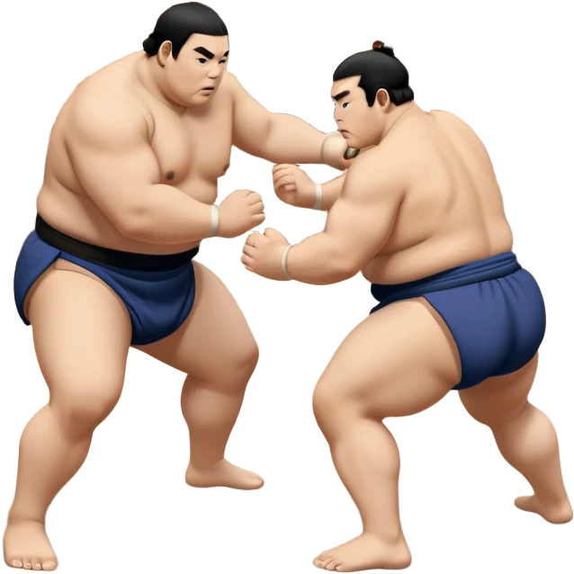 Two sumo wrestlers in a classic dohyo ring, each displaying powerful stances and ready to engage in a fierce match. One wrestler attempts a pushing attack, while the other counters with a thrust. The background shows the traditional sumo arena and spectators. Transparent background. emoji