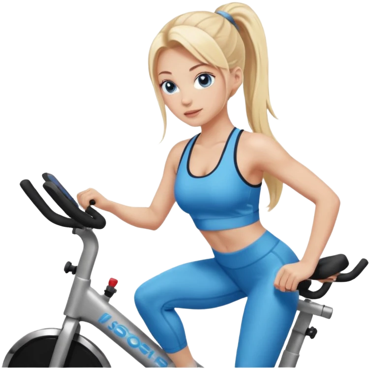 White girl blue eyes blonde hair in long pony tail instructing spin class in sports bra and leggings  emoji