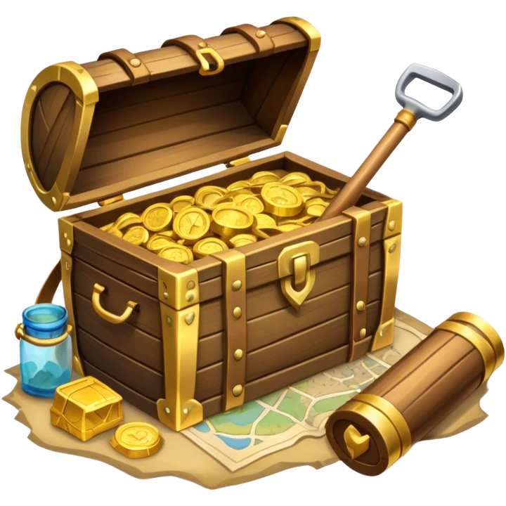 An icon showcasing a treasure chest filled with gold, a treasure map rolled up beside it, a backpack and shovel ready for the next adventure. The design captures the essence of treasure hunting, exploration, and excitement, set on a transparent background to emphasize the thrill of discovery. emoji