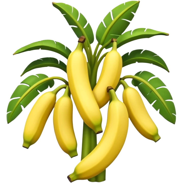 A 3D cartoon banana plant with large green leaves and a bunch of bananas growing downward, natural lighting, Memoji-style. emoji