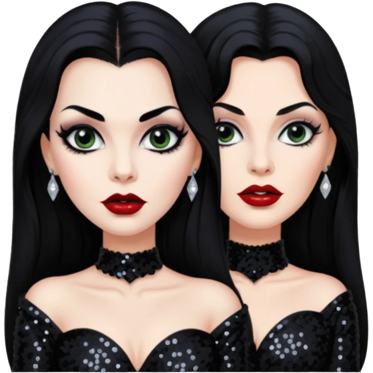 Vampira with long black hair, black sequin outfit emoji