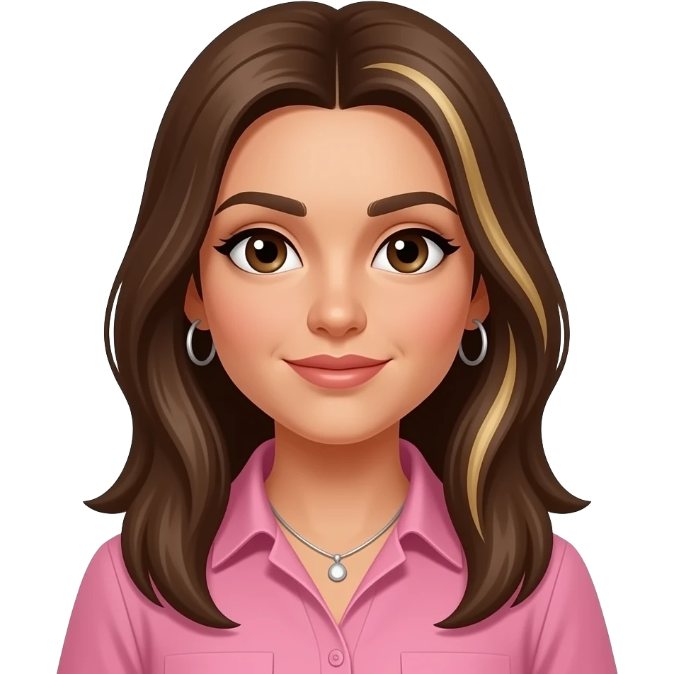 woman in, italian looking with olive skin,with dark brown eyes, long straight brown hair to past the shoulders, with blonde highlights and side parting, all one length. Wearing  a pink shirt with hoop earrings and a necklace. emoji
