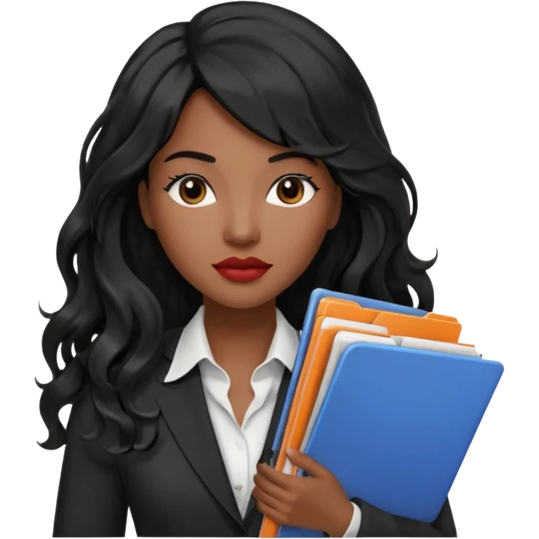 A young woman with long black hair, a wavy frange falling on half of her head. There's a long wavy stretch of hair falling on the side of her head. She's black, medium to dark skinned with thick lips. She's holding folders, and she's a CEO, but she's wearing casual clothes. she has long eyelashes. emoji