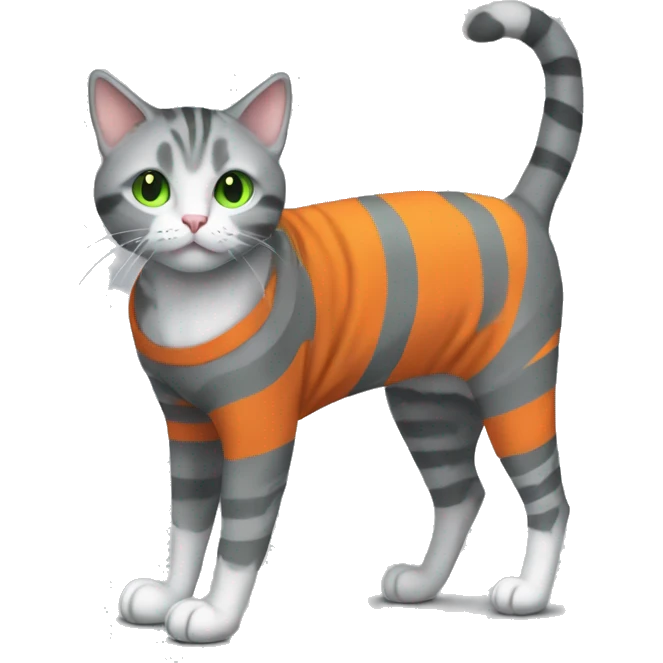 A striped grey cat with green eyes with orange sweater in full growth emoji
