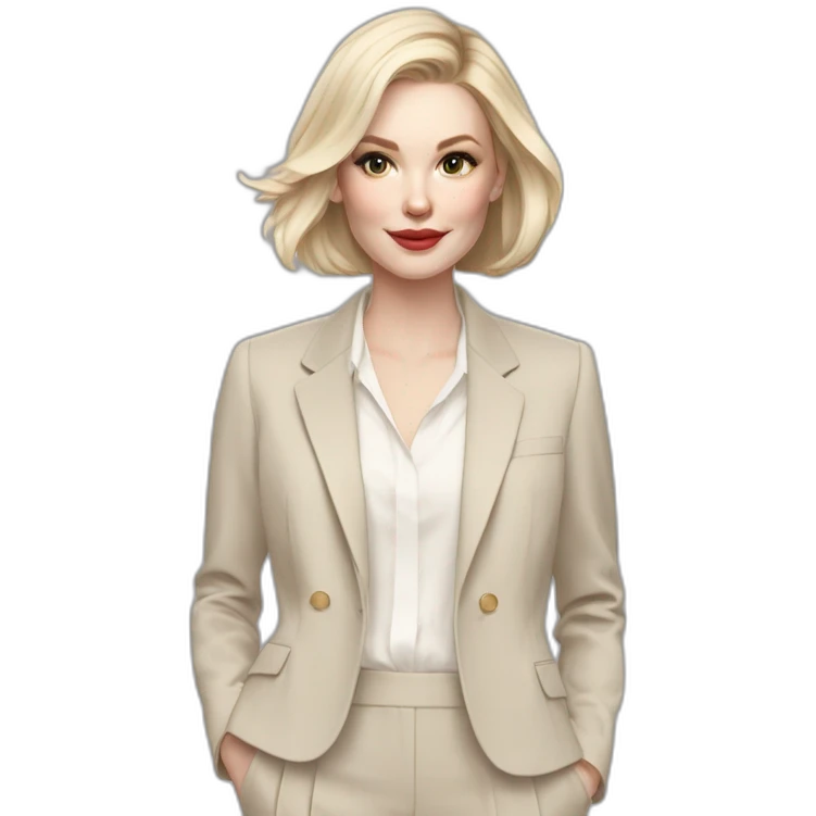 pale skin woman with ash blonde Straightened bob Hair, White Spacious classical jacket, beige palazzo Arrow pants and gray blouse holding a color palettes in the hands emoji