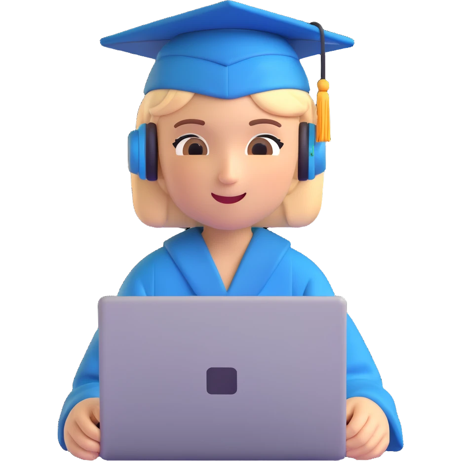 memoji of a college student, sitting with a laptop, relaxed, wearing headphones and a graduation cap emoji