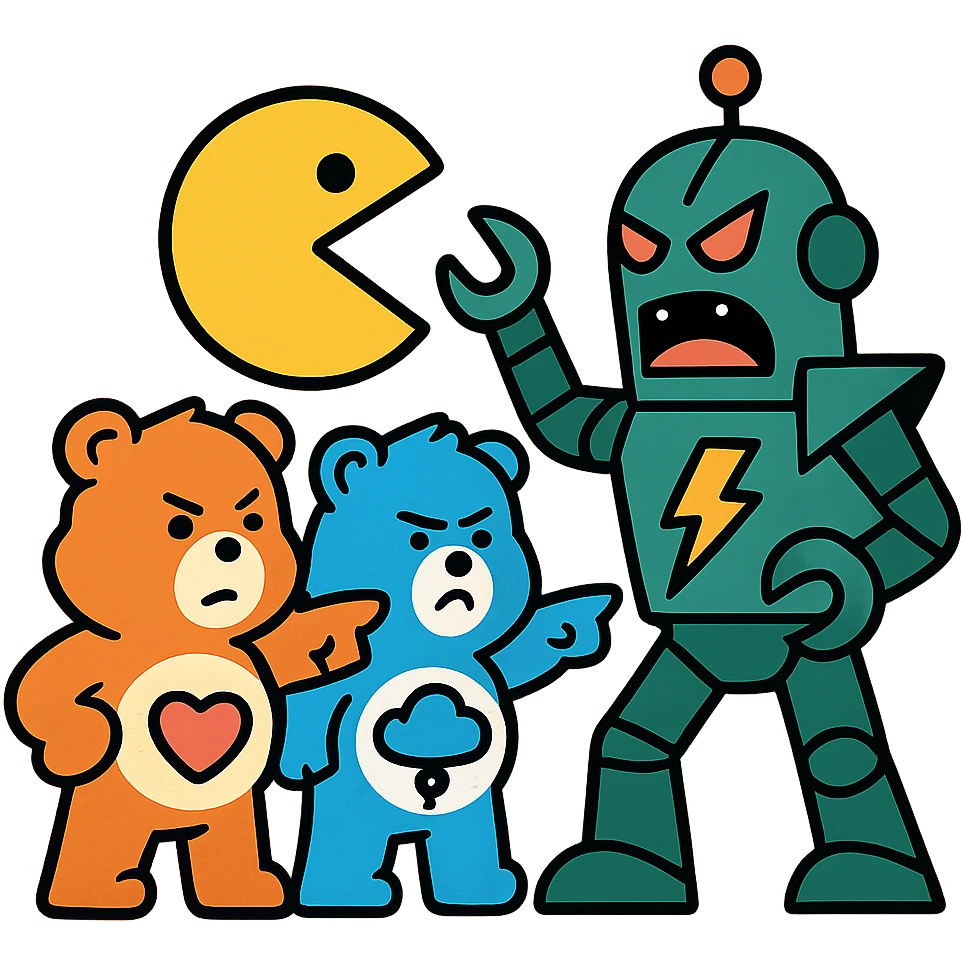 Care Bears and Pacman teaming up against a robot villain, 80's sci-fi style emoji