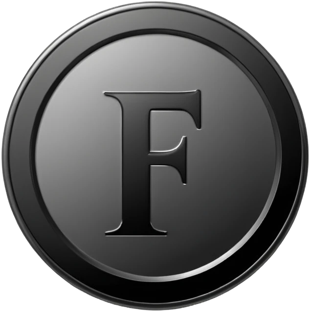 Emoji icon of a black coin with engraved letter F, minimalist style, isolated, no color emoji