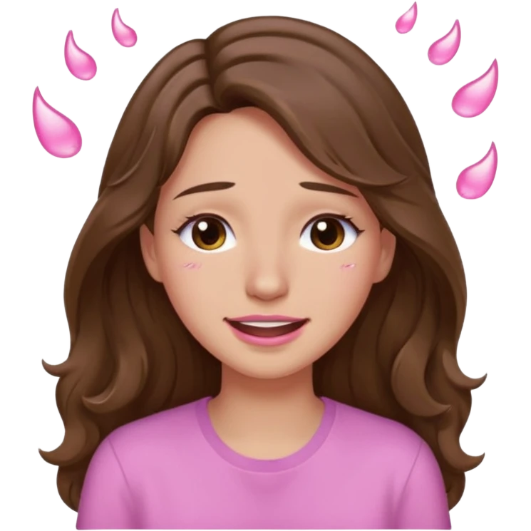 girl with wavy long brown hair, brown eyes, light to medium complexion, long lashes, light pink lipstick, wearing light pink shirt, smiling, crying with big pink tears coming down the face emoji