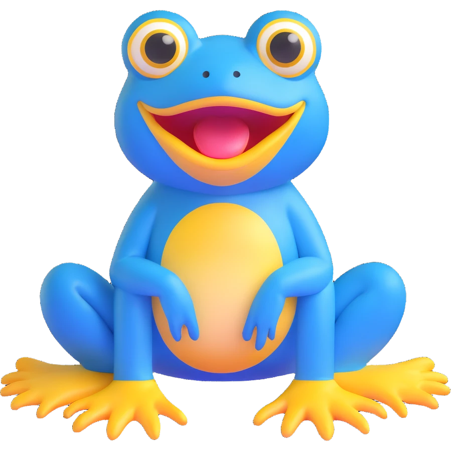 blue frog character, sitting, big yellow mouth, wide eyes, playful and friendly, silly and sweet expression, no accessories emoji