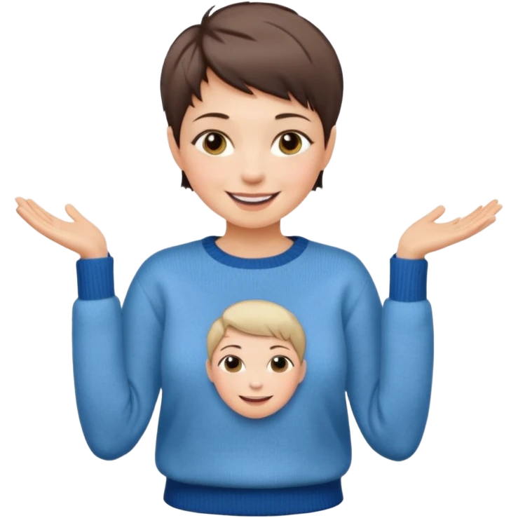 woman sitting chair short pixie hair jeans sweater smile  emoji