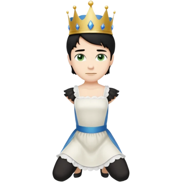 Prince with crown, standing, black hair, blue eyes, and maid, blonde Hair, green eyes, white short sleveless dress, kneeling  emoji