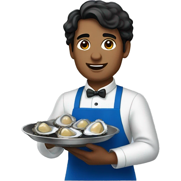 a waiter with black hair in a blue apron holds oysters emoji