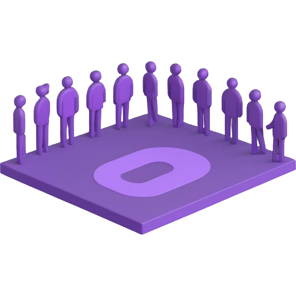 3D emoji style group of at least 10 stylized people figures representing 10,000 followers, base color purple #7f0ddb with purple border, transparent background, include a stylized badge or counter element showing the number 10,000 emoji